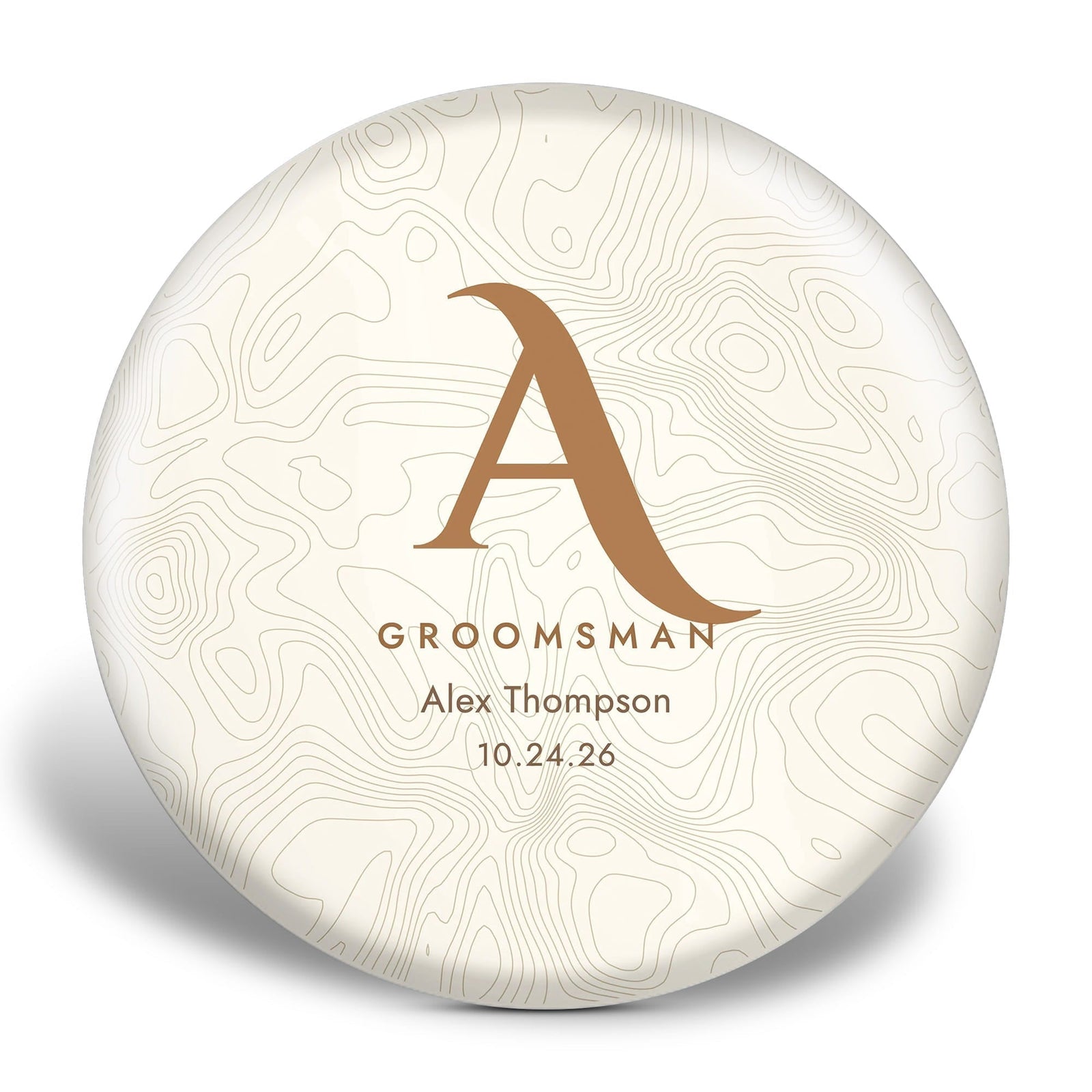 Personalized groomsman disc golf disc with a topographic monogram, a name and a wedding date