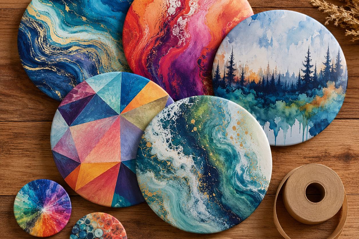 A flat lay of custom printed disc golf discs and mini markers arranged as gifts