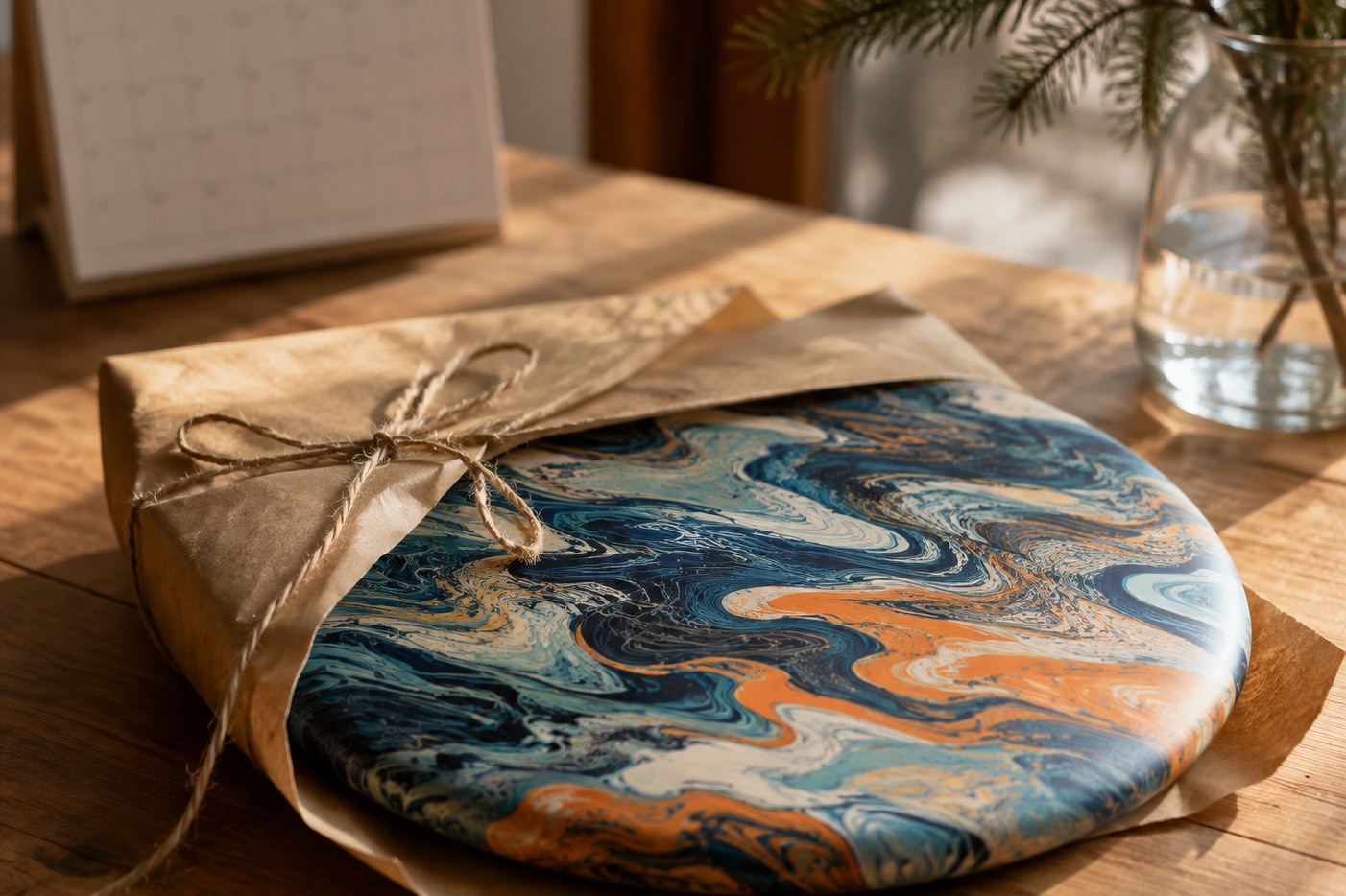A custom disc golf disc wrapped as a Christmas gift beside a calendar
