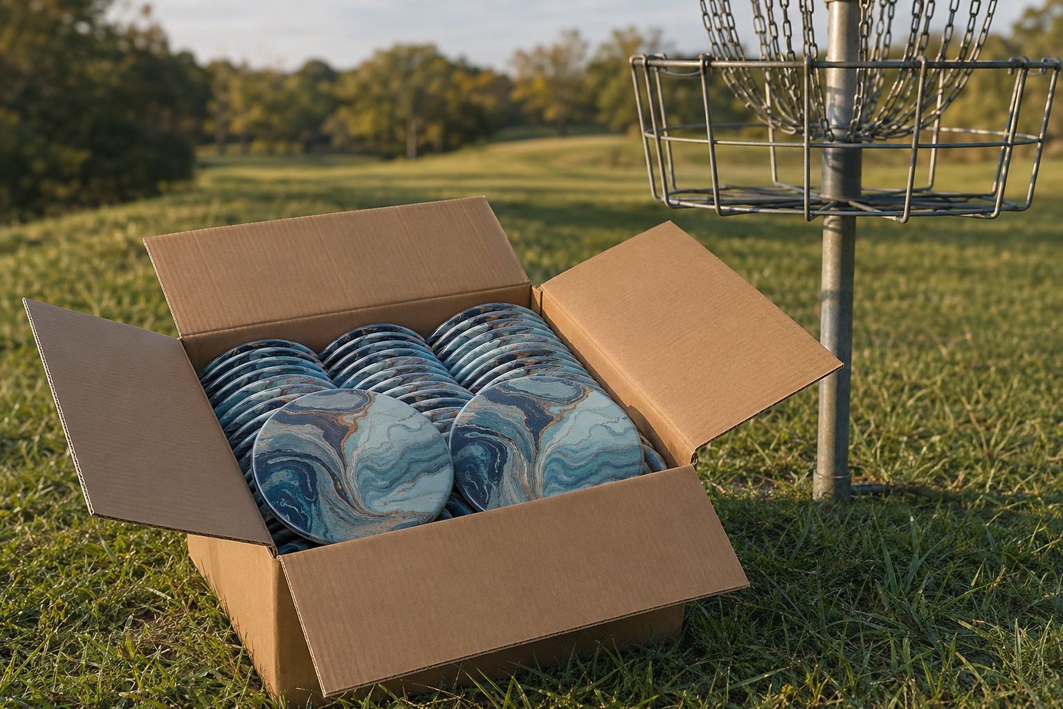 A box of custom printed disc golf discs for a tournament, beside a basket on the course