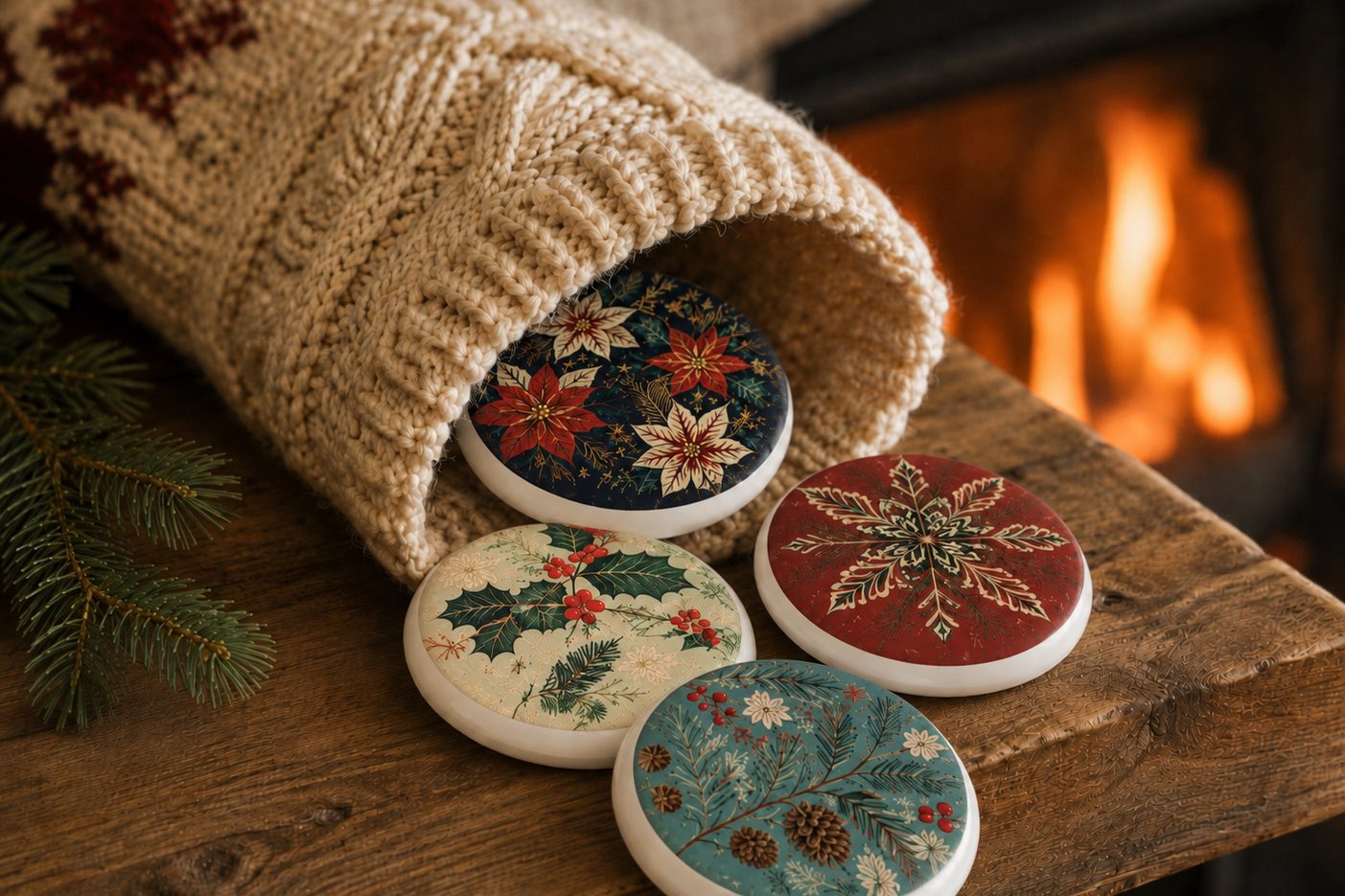 Custom disc golf mini markers with holiday designs spilling from a Christmas stocking