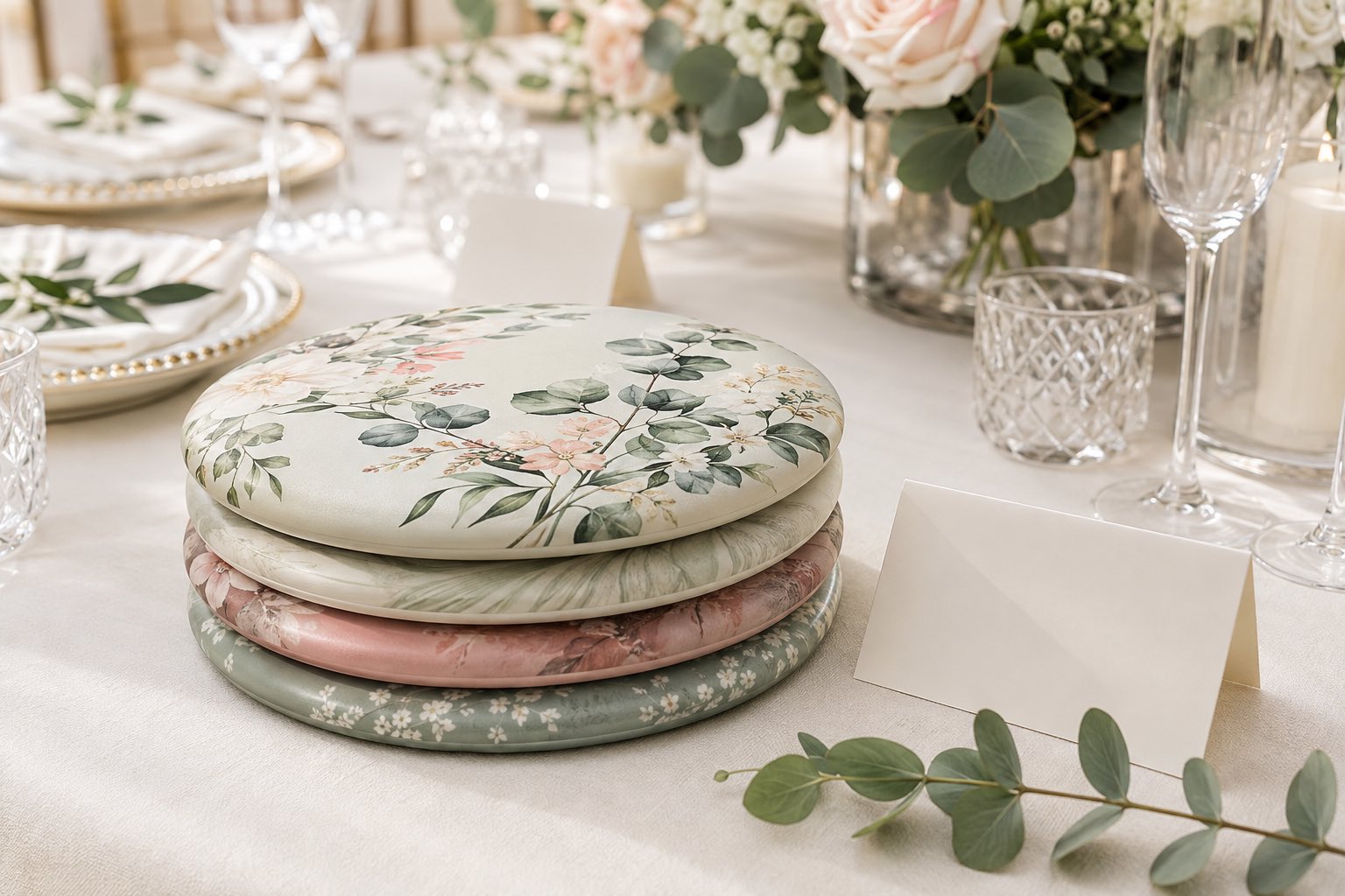 Custom disc golf discs arranged as wedding favors on a reception table