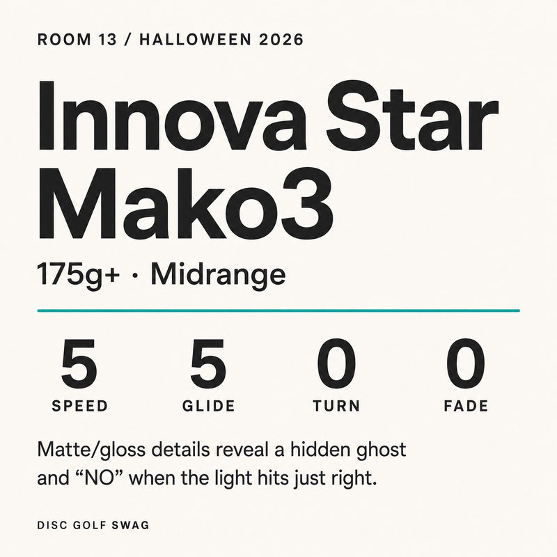 Room 13 Innova Star Mako3, 175g+, with flight numbers 5 speed, 5 glide, 0 turn, 0 fade.