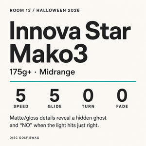 Room 13 Innova Star Mako3, 175g+, with flight numbers 5 speed, 5 glide, 0 turn, 0 fade.