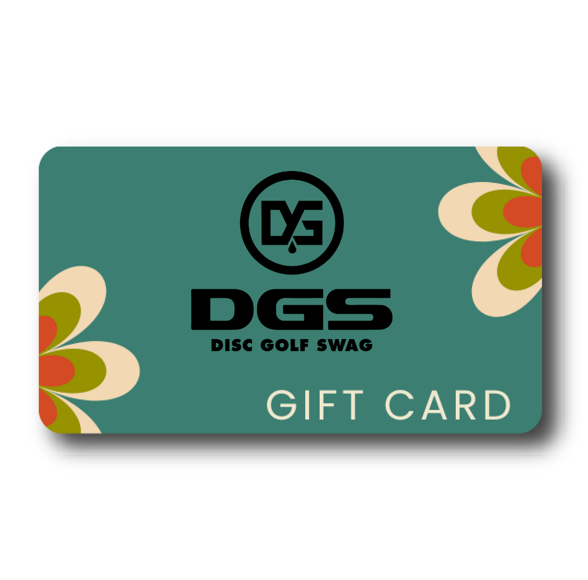 A gift card from Disc Golf Swag featuring a teal background with floral patterns and the DGS logo.