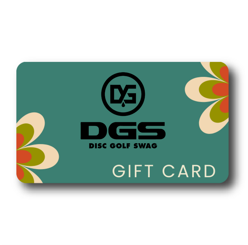 A gift card from Disc Golf Swag featuring a teal background with floral patterns and the DGS logo.