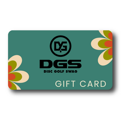 A gift card from Disc Golf Swag featuring a teal background with floral patterns and the DGS logo.