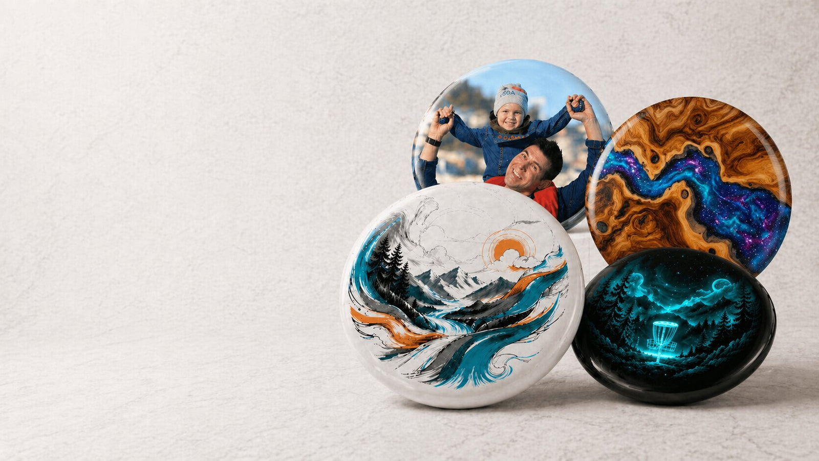 Custom disc golf discs with full-color artwork, photo designs, event designs, and glow designs