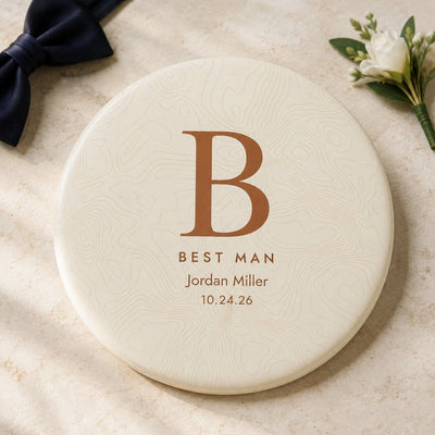 Personalized groomsman disc golf disc with topographic monogram design — initial, title, name, and wedding date