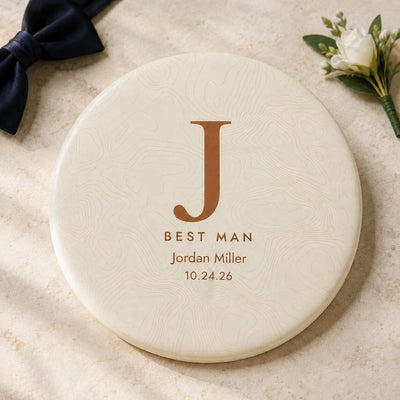 Personalized groomsman disc golf disc with topographic monogram design — initial, title, name, and wedding date