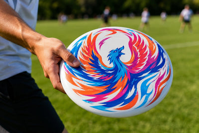 Player holding a custom full color edge to edge printed 175g ultimate disc on the field