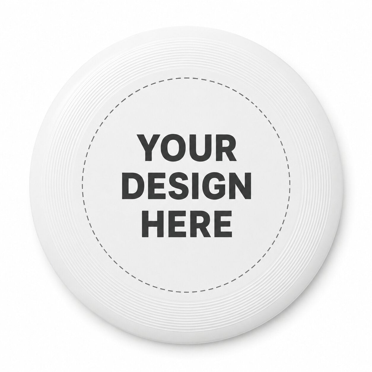 White 175g ultimate disc showing the center only print area with dashed boundary circle and Your Design Here text
