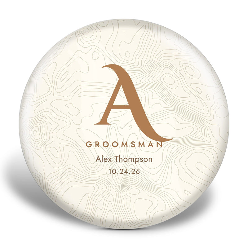 Personalized groomsman disc golf disc with topographic monogram design — initial, title, name, and wedding date
