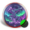 Front view of The Centaur Axiom Insanity showing a neon centaur archer drawing a glowing arrow over an aurora and circuit background, with an inset preview of the glow-in-the-dark flight plate