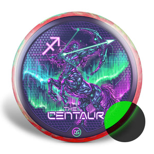 Front view of The Centaur Axiom Insanity showing a neon centaur archer drawing a glowing arrow over an aurora and circuit background, with an inset preview of the glow-in-the-dark flight plate