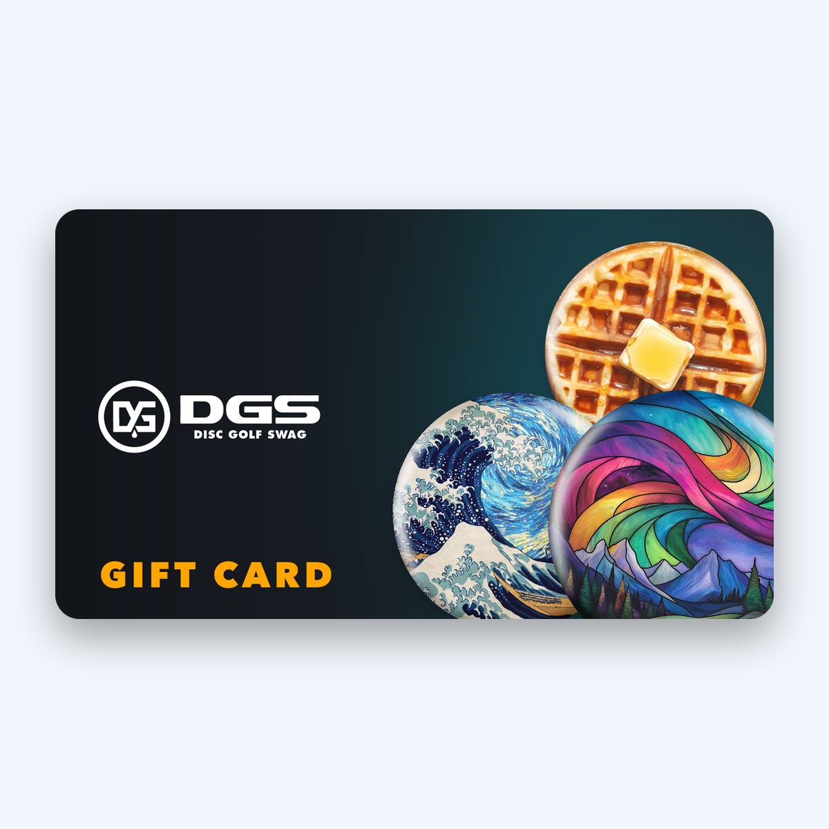 Disc Golf Swag gift card showing three custom printed discs: a Great Wave and Starry Night mashup, an aurora stained glass design, and a waffle
