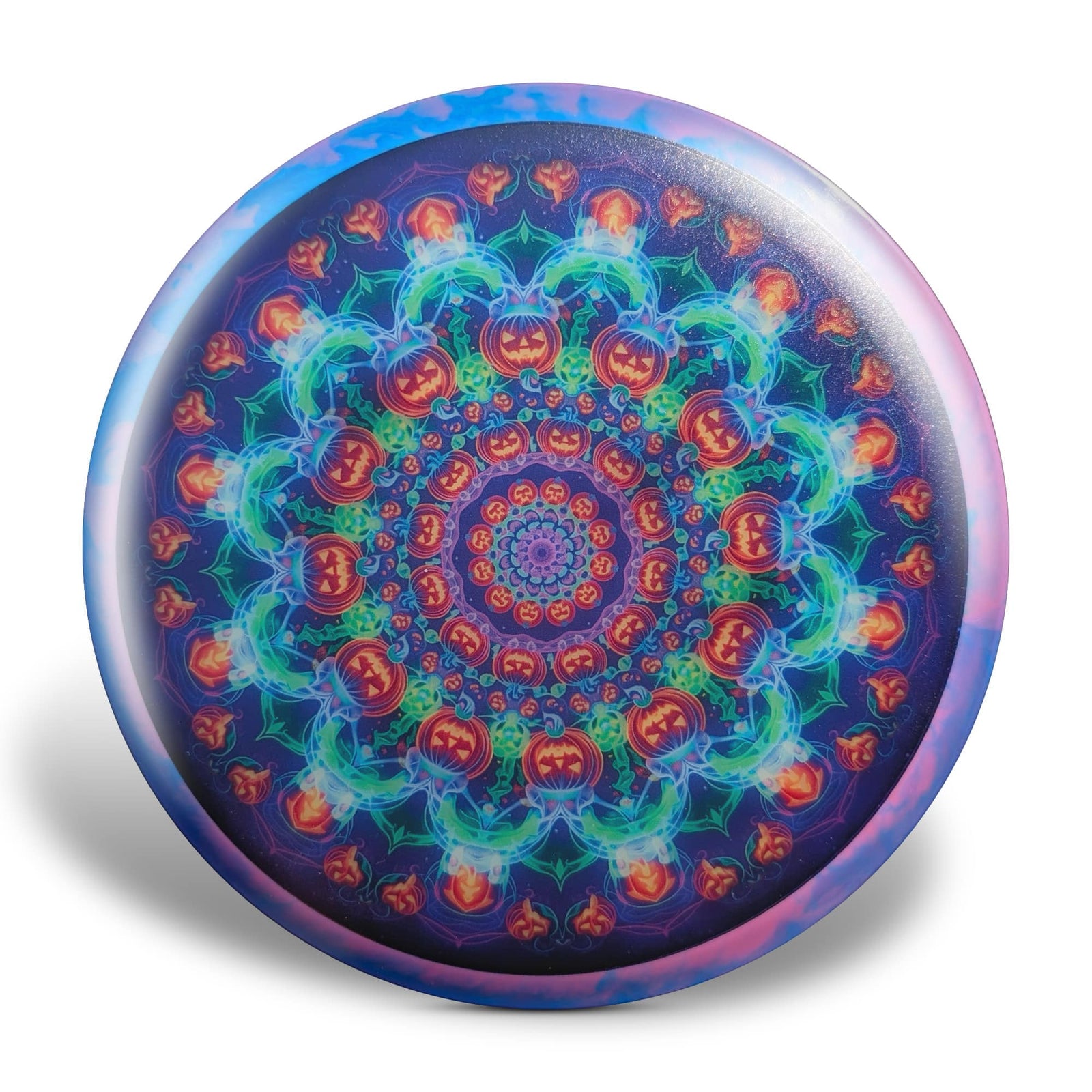 Colorful mandala design with pumpkins on a white background