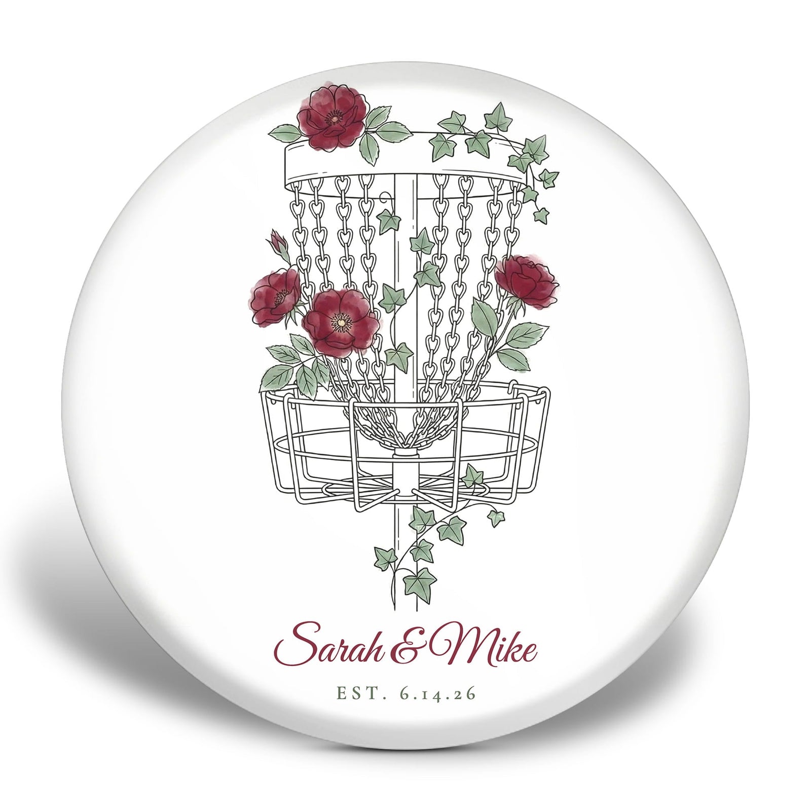 Personalized floral disc golf disc — disc golf basket wrapped in roses and ivy with custom text