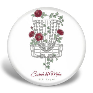 Personalized floral disc golf disc — disc golf basket wrapped in roses and ivy with custom text