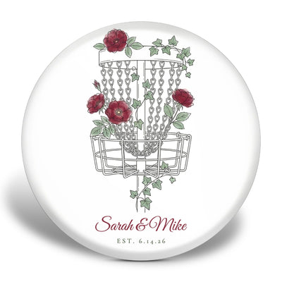 Personalized floral disc golf disc — disc golf basket wrapped in roses and ivy with custom text