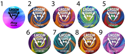 Nine circular stickers with 'Groom Squad' design and names on a white background