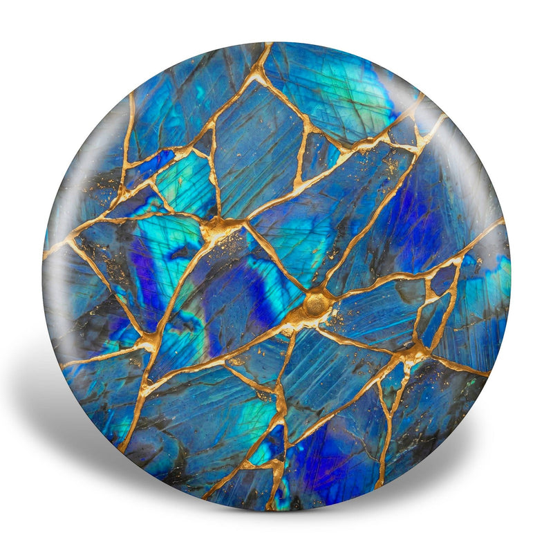 Kintsugi disc golf disc with blue labradorite-style stone art and gold veins
