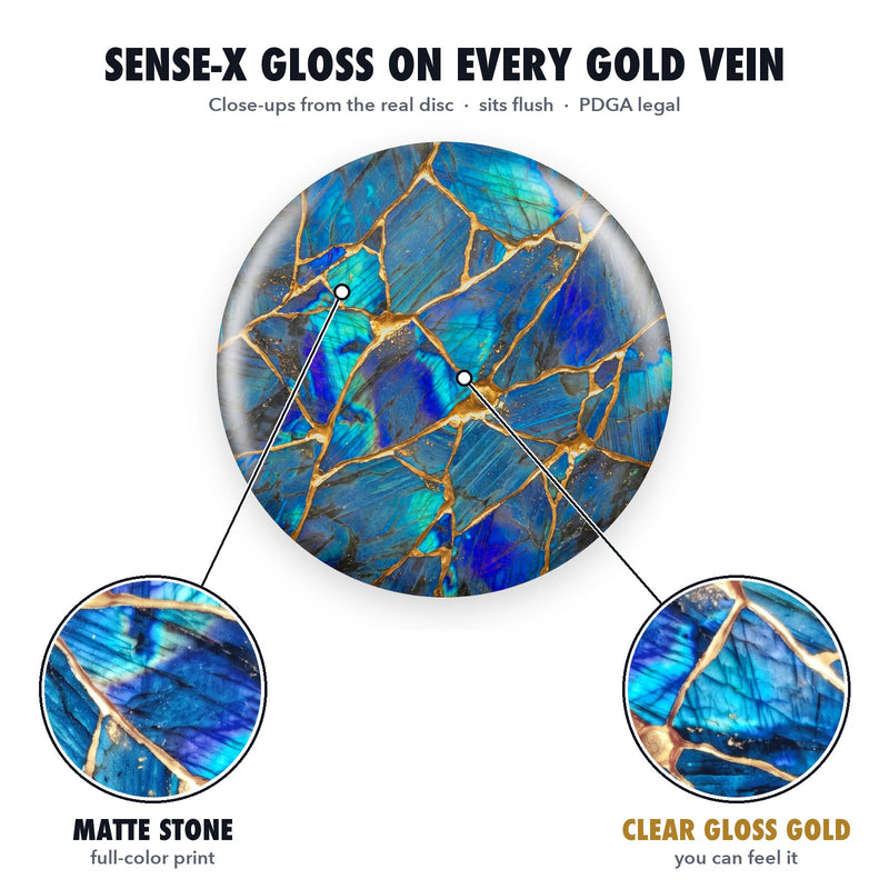 Close-ups of the Kintsugi disc: matte stone print and clear gloss gold veins