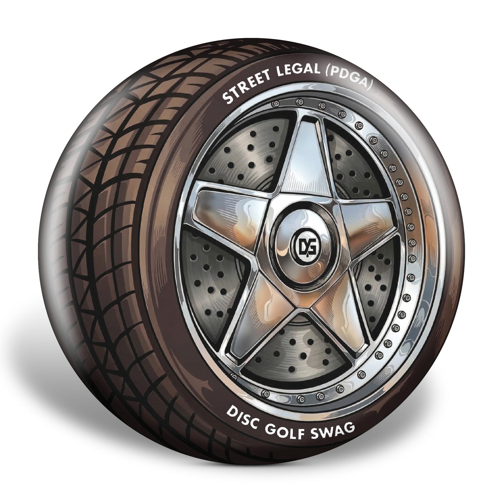 Disc golf disc with metallic rim and tire tread on a white background