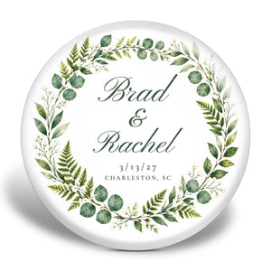 Wedding disc golf disc mockup — watercolor greenery wreath with script names and date