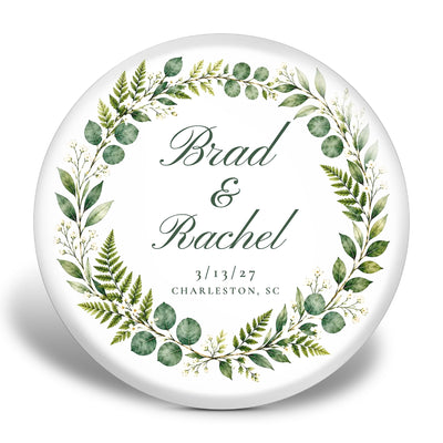 Wedding disc golf disc mockup — watercolor greenery wreath with script names and date