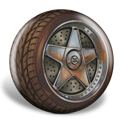 Close-up of a car wheel with a detailed rim design on a white background