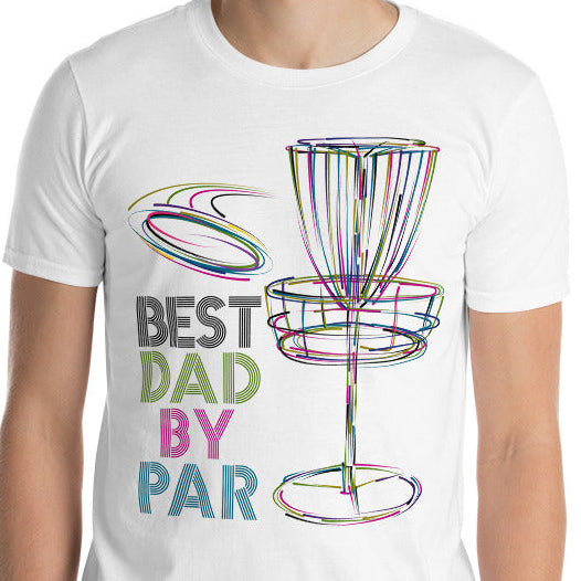 Person wearing a white t-shirt with a colorful disc golf basket graphic and text.